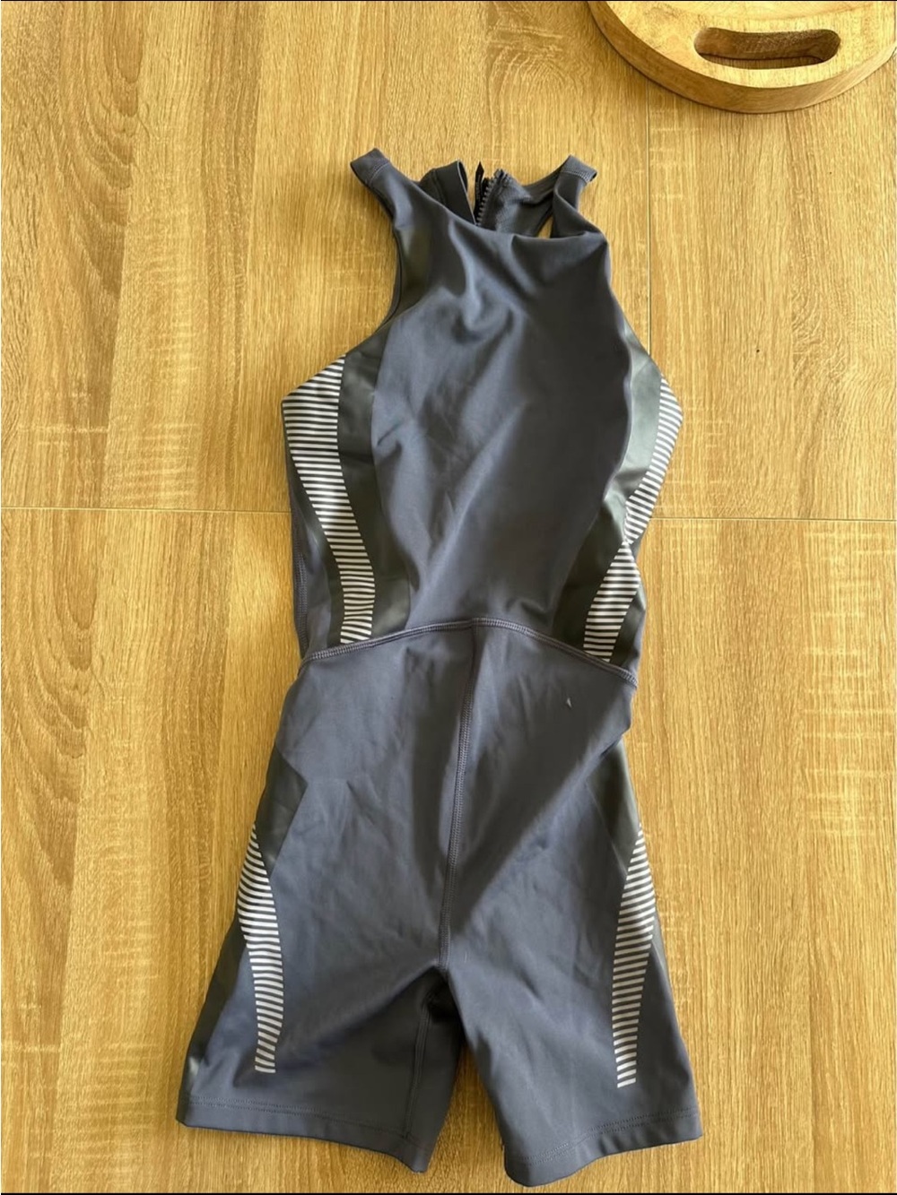 Athleta Charcoal Gray & White Striped One-Piece Active Short Suit
